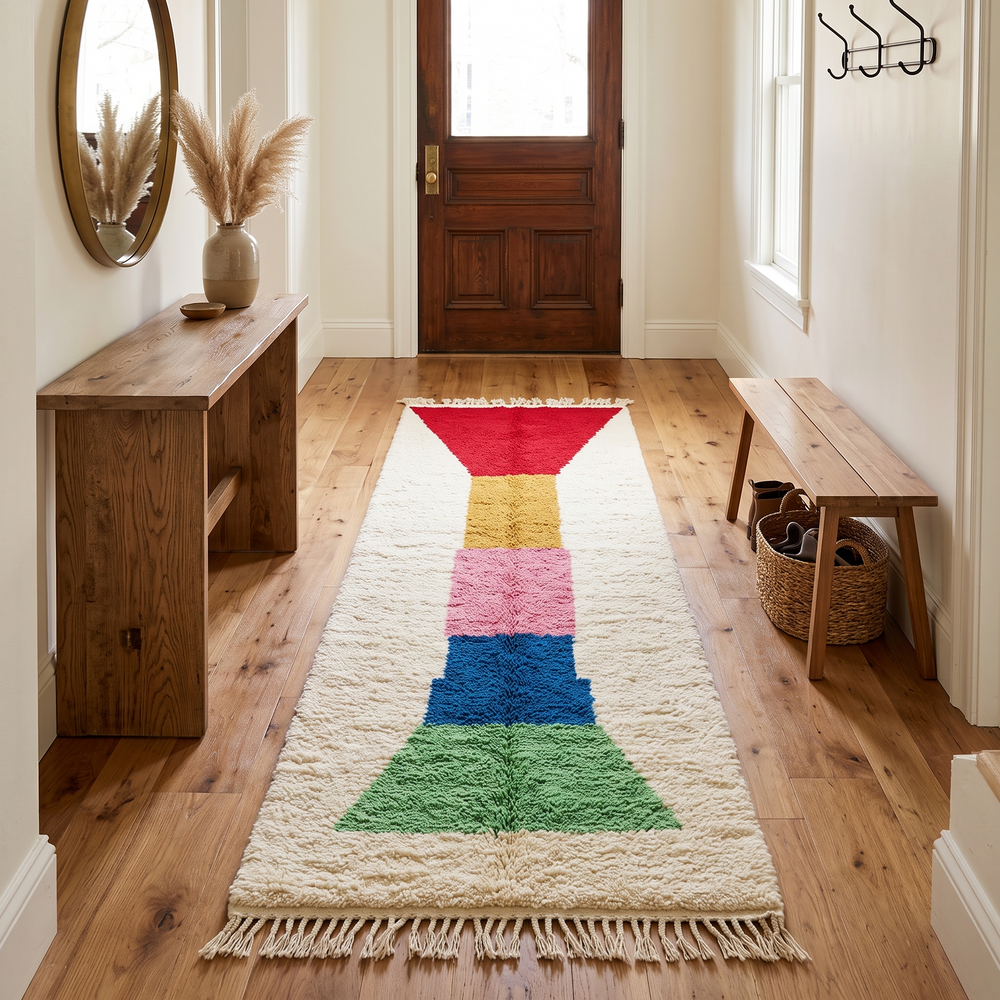 Handmade Moroccan runner rug with colorful geometric design in red, blue, pink, green and mustard on white wool background