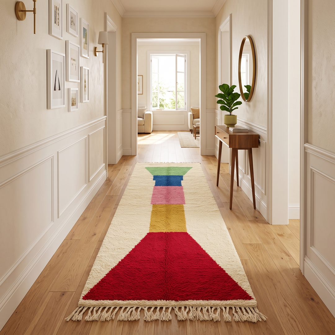 Handmade Moroccan runner rug with colorful geometric design in red, blue, pink, green and mustard on white wool background
