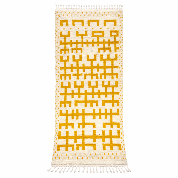 Golden symbolic Moroccan runner rug handwoven in white and mustard wool with raised tribal pattern