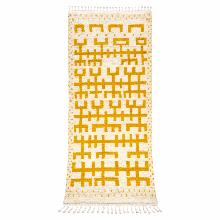 Golden symbolic Moroccan runner rug handwoven in white and mustard wool with raised tribal pattern