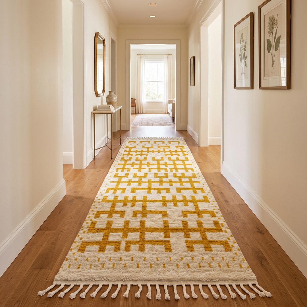 Golden symbolic Moroccan runner rug handwoven in white and mustard wool with raised tribal pattern