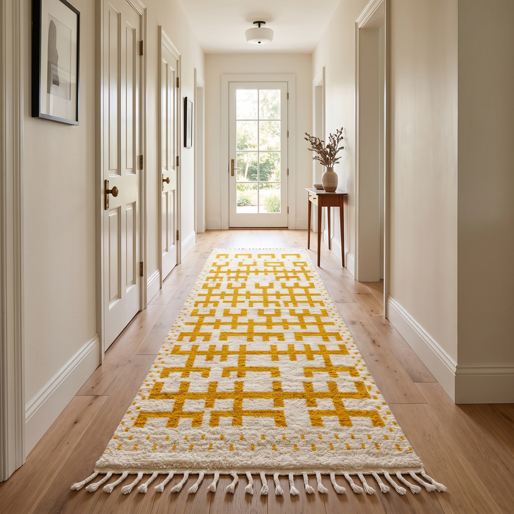 Golden symbolic Moroccan runner rug handwoven in white and mustard wool with raised tribal pattern