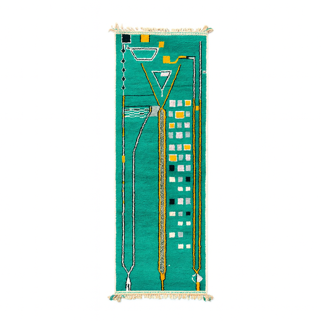 Teal Moroccan runner rug with geometric Berber pattern, handmade wool carpet with modern tribal design