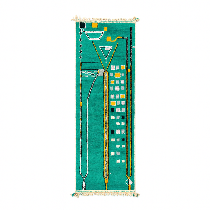 Teal Moroccan runner rug with geometric Berber pattern, handmade wool carpet with modern tribal design