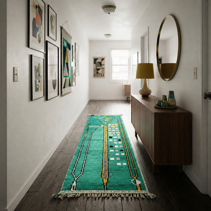 Teal Moroccan runner rug with geometric Berber pattern, handmade wool carpet with modern tribal design