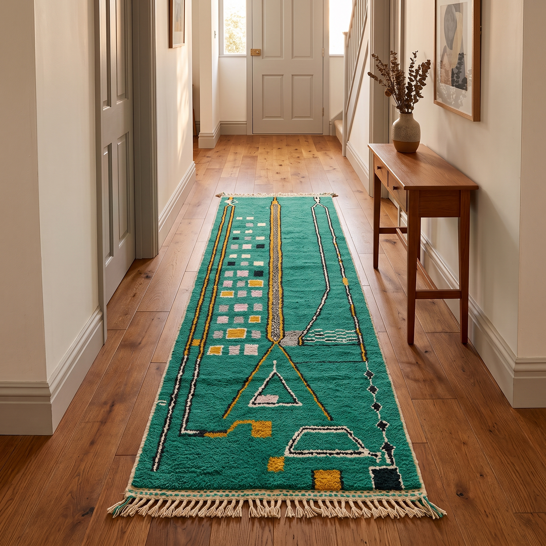 Teal Moroccan runner rug with geometric Berber pattern, handmade wool carpet with modern tribal design