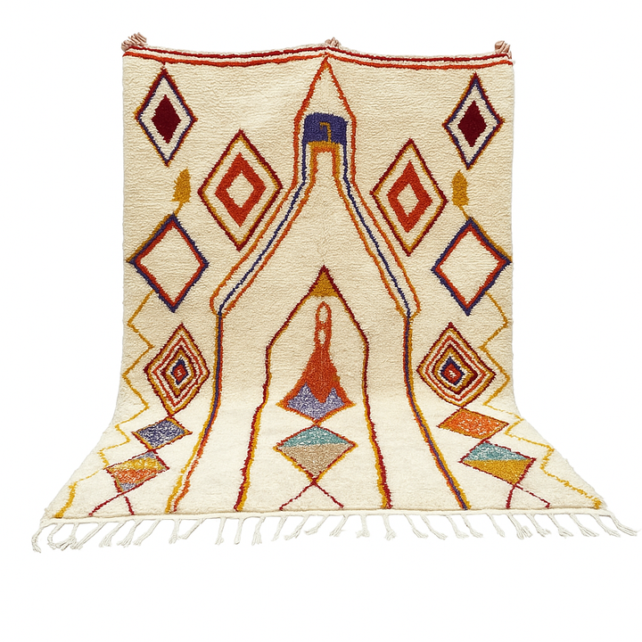 Handwoven Moroccan wool rug with cream background and colorful geometric Berber motifs in orange, yellow, blue, and terracotta