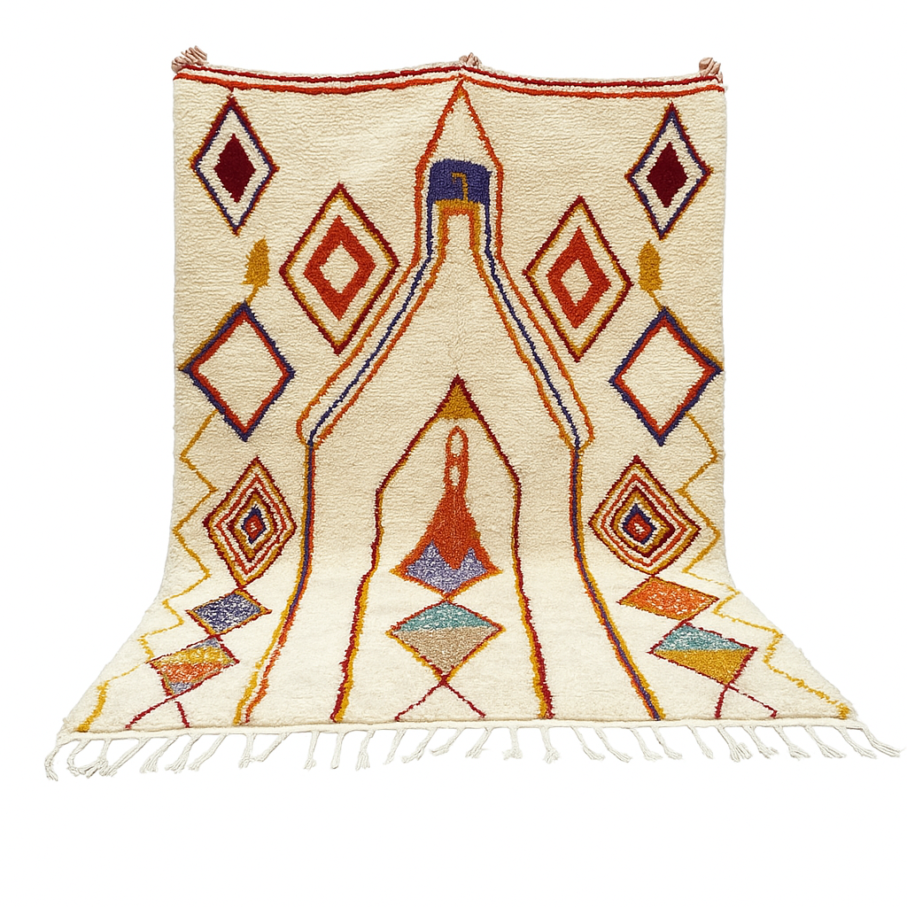 Handwoven Moroccan wool rug with cream background and colorful geometric Berber motifs in orange, yellow, blue, and terracotta