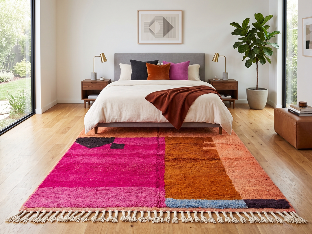 Handwoven Moroccan wool rug in magenta pink and burnt orange color blocks with black and blue accents, fringed ends
