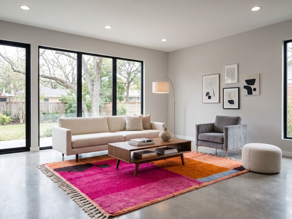 Handwoven Moroccan wool rug in magenta pink and burnt orange color blocks with black and blue accents, fringed ends