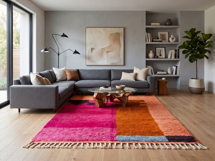 Handwoven Moroccan wool rug in magenta pink and burnt orange color blocks with black and blue accents, fringed ends