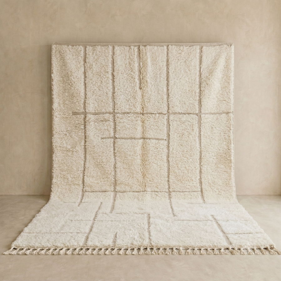 Ivory Moroccan wool rug with subtle raised grid pattern