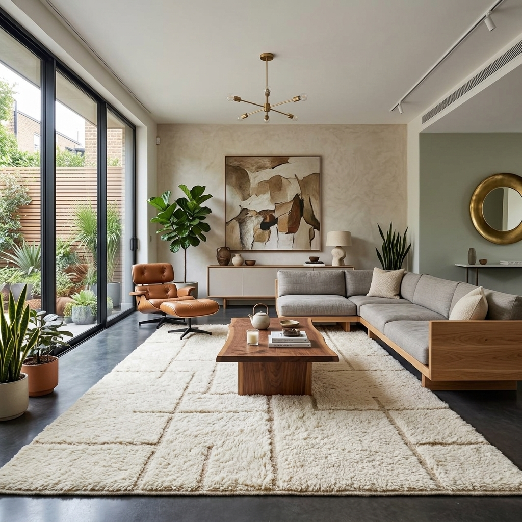 Ivory Moroccan wool rug with subtle raised grid pattern