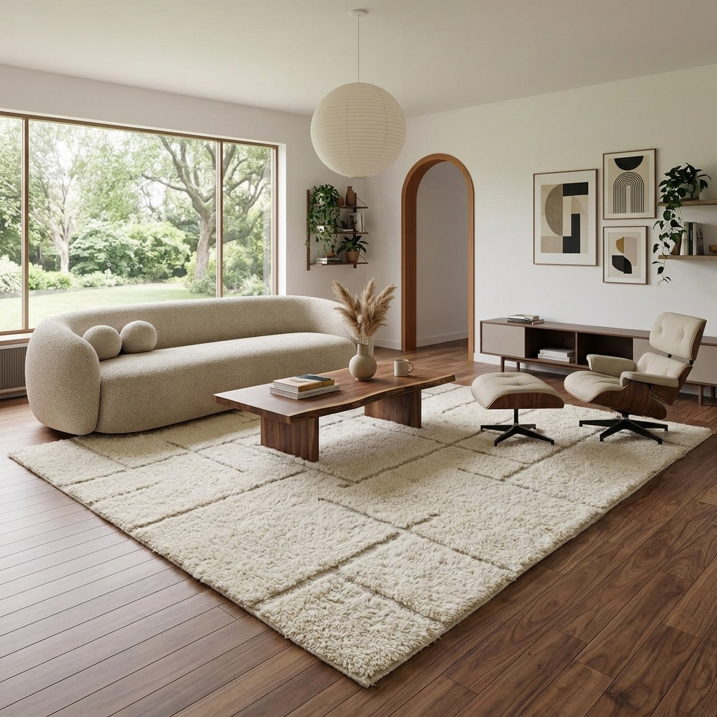 Ivory Moroccan wool rug with subtle raised grid pattern