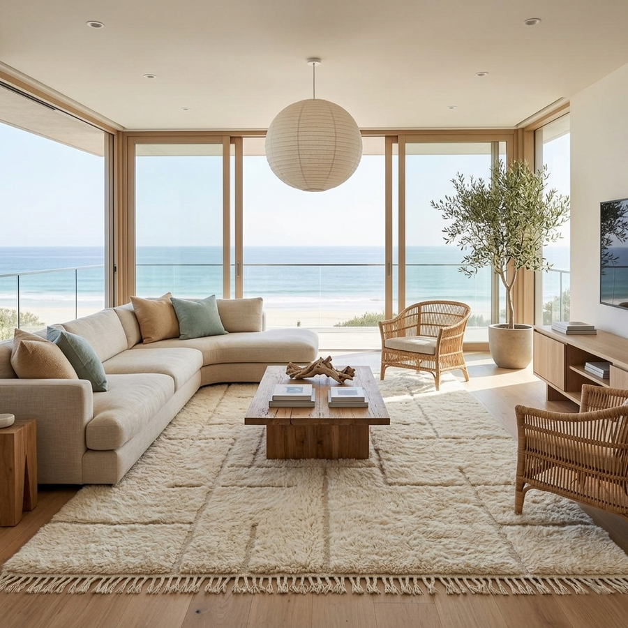 Ivory Moroccan wool rug with subtle raised grid pattern