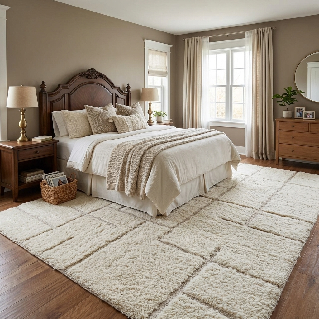 Ivory Moroccan wool rug with subtle raised grid pattern