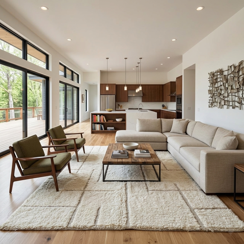 Ivory Moroccan wool rug with subtle raised grid pattern