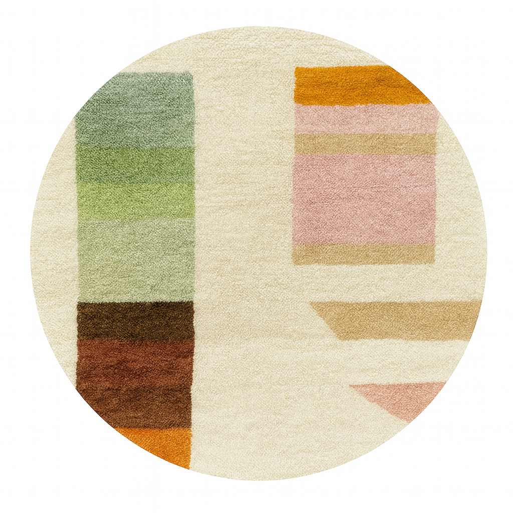 Round Moroccan wool rug with soft geometric blocks in green, pink, beige, brown, and orange.