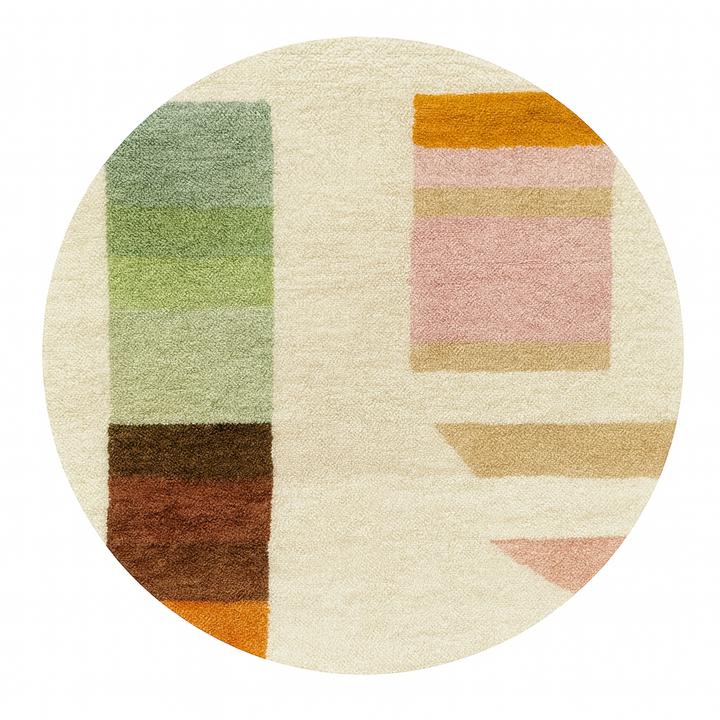 Round Moroccan wool rug with soft geometric blocks in green, pink, beige, brown, and orange.