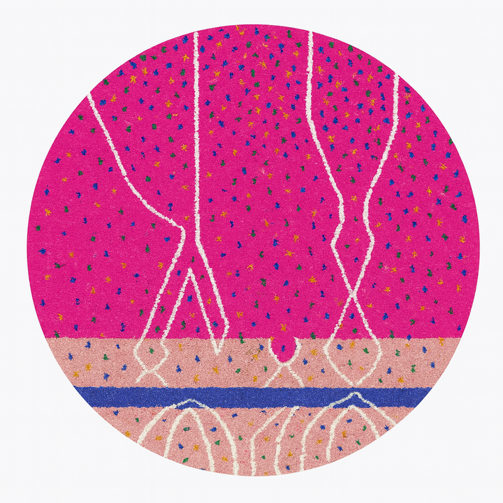 Bright pink round Moroccan wool rug with colorful dotted accents, white abstract lines, and rose and blue contrast sections.