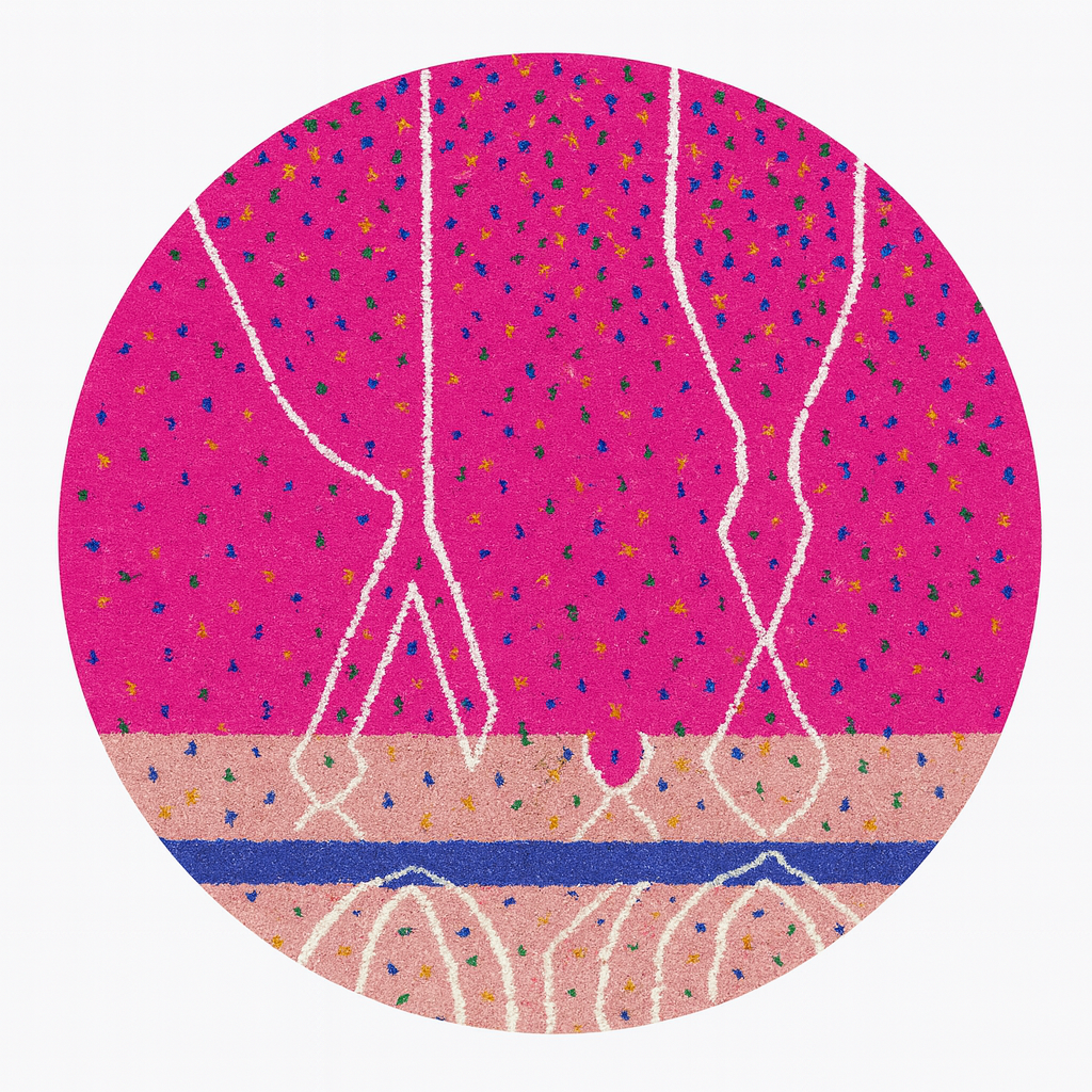 Bright pink round Moroccan wool rug with colorful dotted accents, white abstract lines, and rose and blue contrast sections.