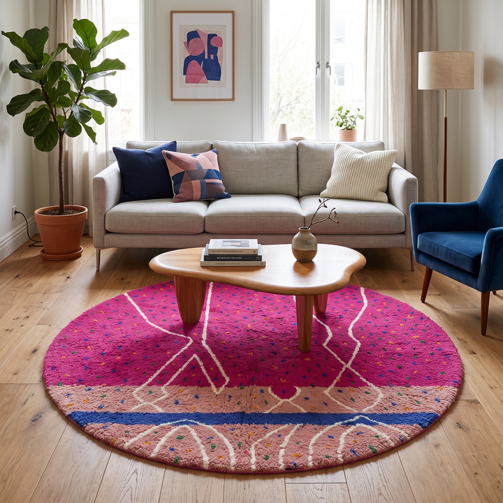 Moroccan Wool Rug – Pink Round Rug with Colorful Accents