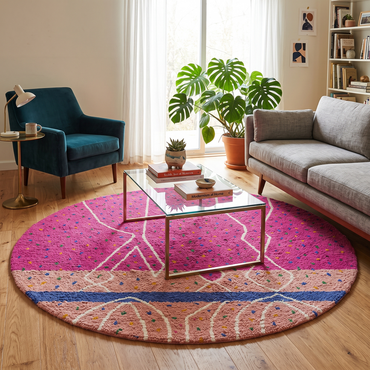Bright pink round Moroccan wool rug with colorful dotted accents, white abstract lines, and rose and blue contrast sections.