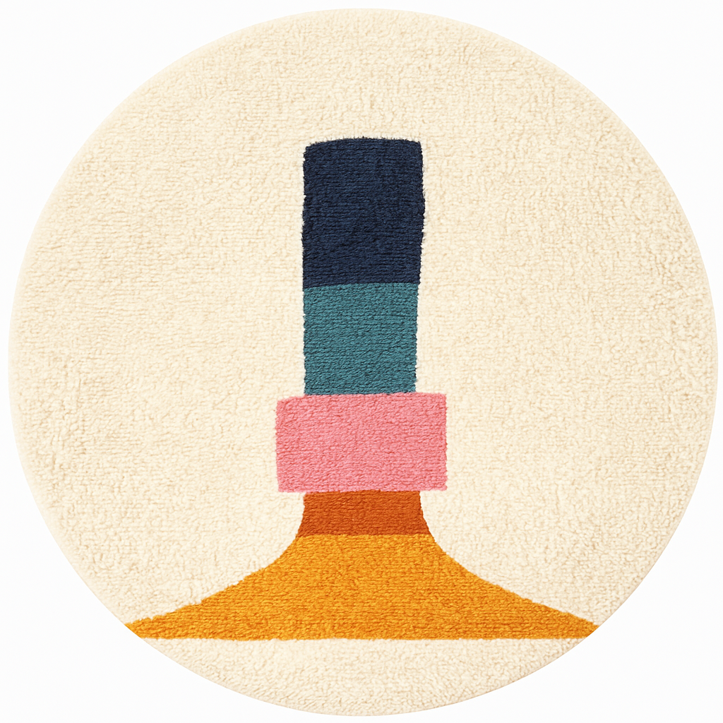 White round Moroccan wool rug with bold stacked geometric color segments in navy blue, teal, pink, terracotta, and orange.