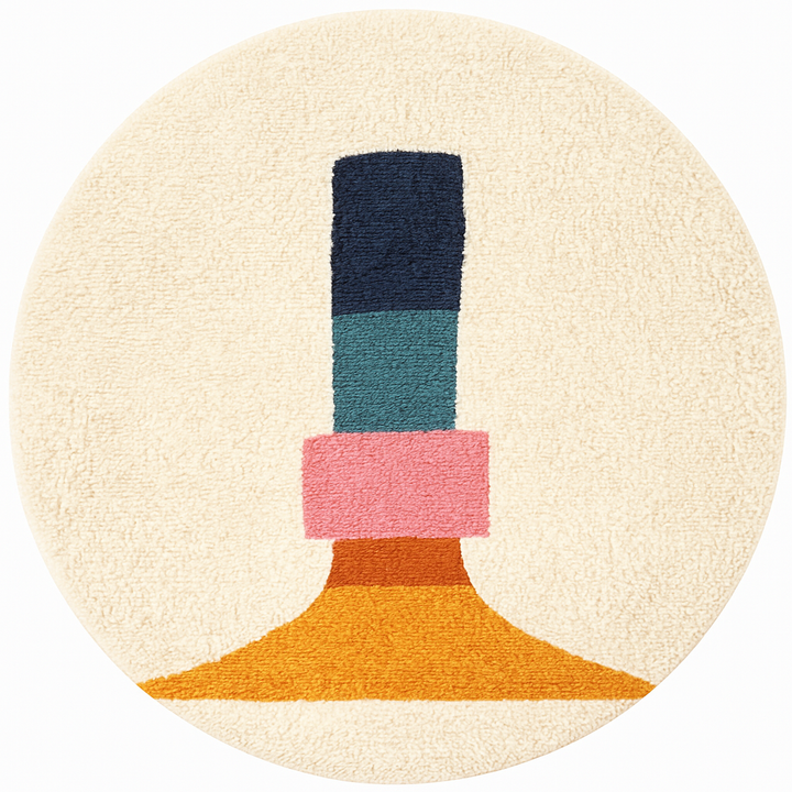White round Moroccan wool rug with bold stacked geometric color segments in navy blue, teal, pink, terracotta, and orange.