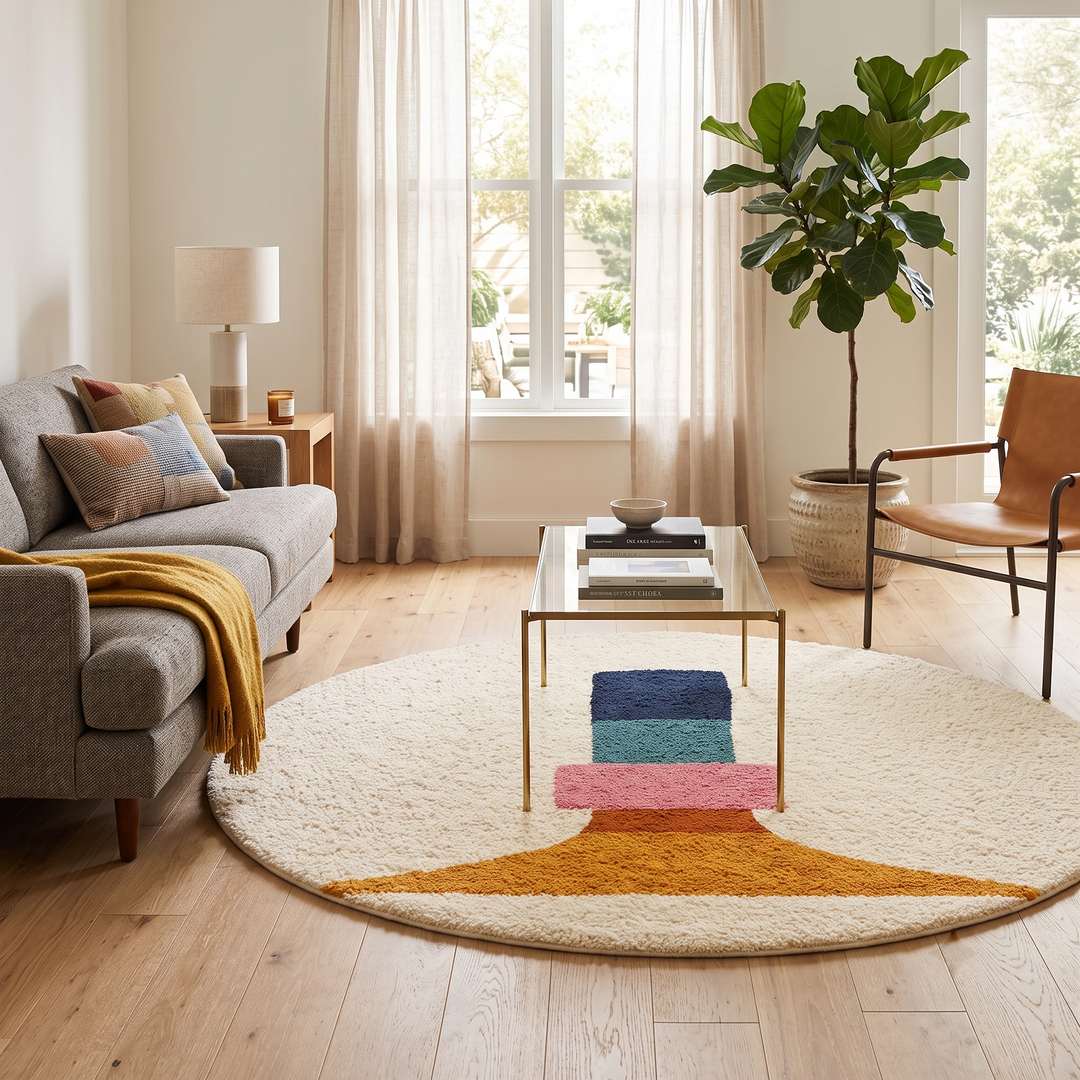 White round Moroccan wool rug with bold stacked geometric color segments in navy blue, teal, pink, terracotta, and orange.