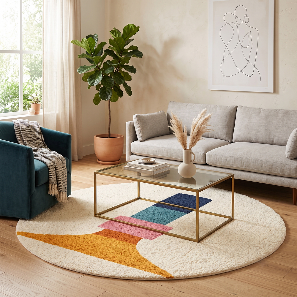 White round Moroccan wool rug with bold stacked geometric color segments in navy blue, teal, pink, terracotta, and orange.