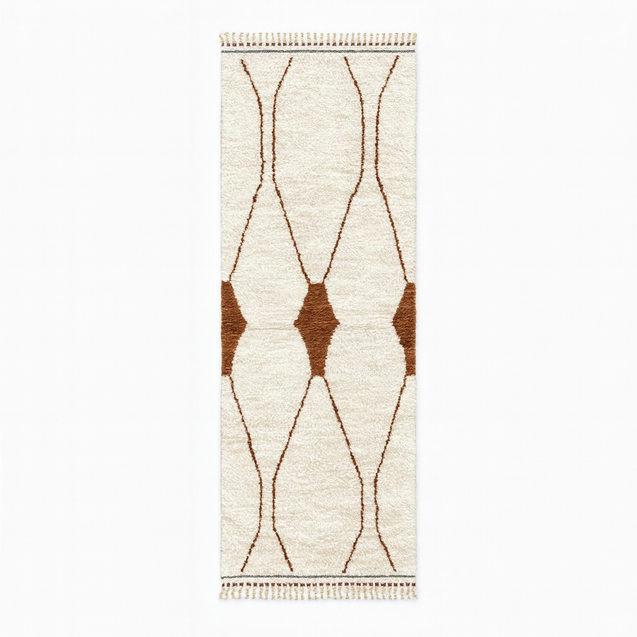 Handmade Moroccan wool runner rug with white background and brown Berber diamond pattern, plush texture, fringed edges – modern boho Moroccan carpet for hallway and corridor decor