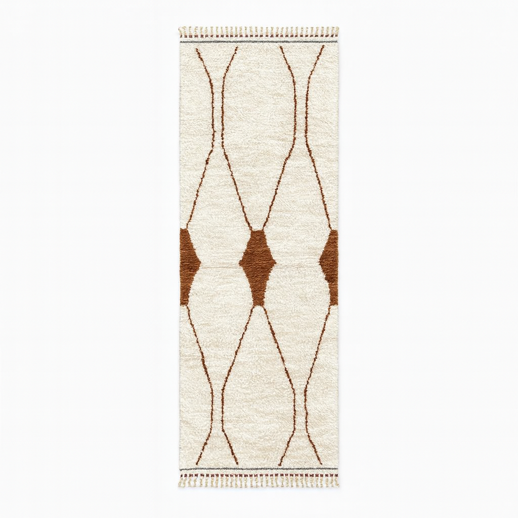 Handmade Moroccan wool runner rug with white background and brown Berber diamond pattern, plush texture, fringed edges – modern boho Moroccan carpet for hallway and corridor decor