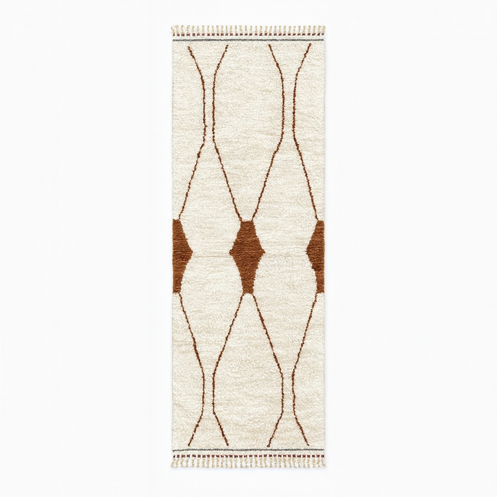 Handmade Moroccan wool runner rug with white background and brown Berber diamond pattern, plush texture, fringed edges – modern boho Moroccan carpet for hallway and corridor decor