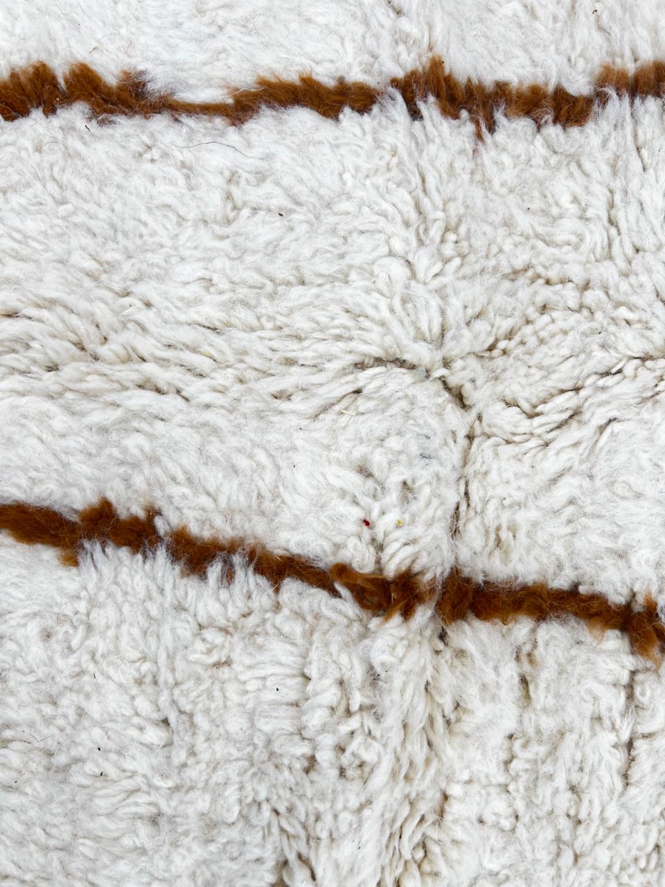 Handmade Moroccan wool runner rug with white background and brown Berber diamond pattern, plush texture, fringed edges – modern boho Moroccan carpet for hallway and corridor decor