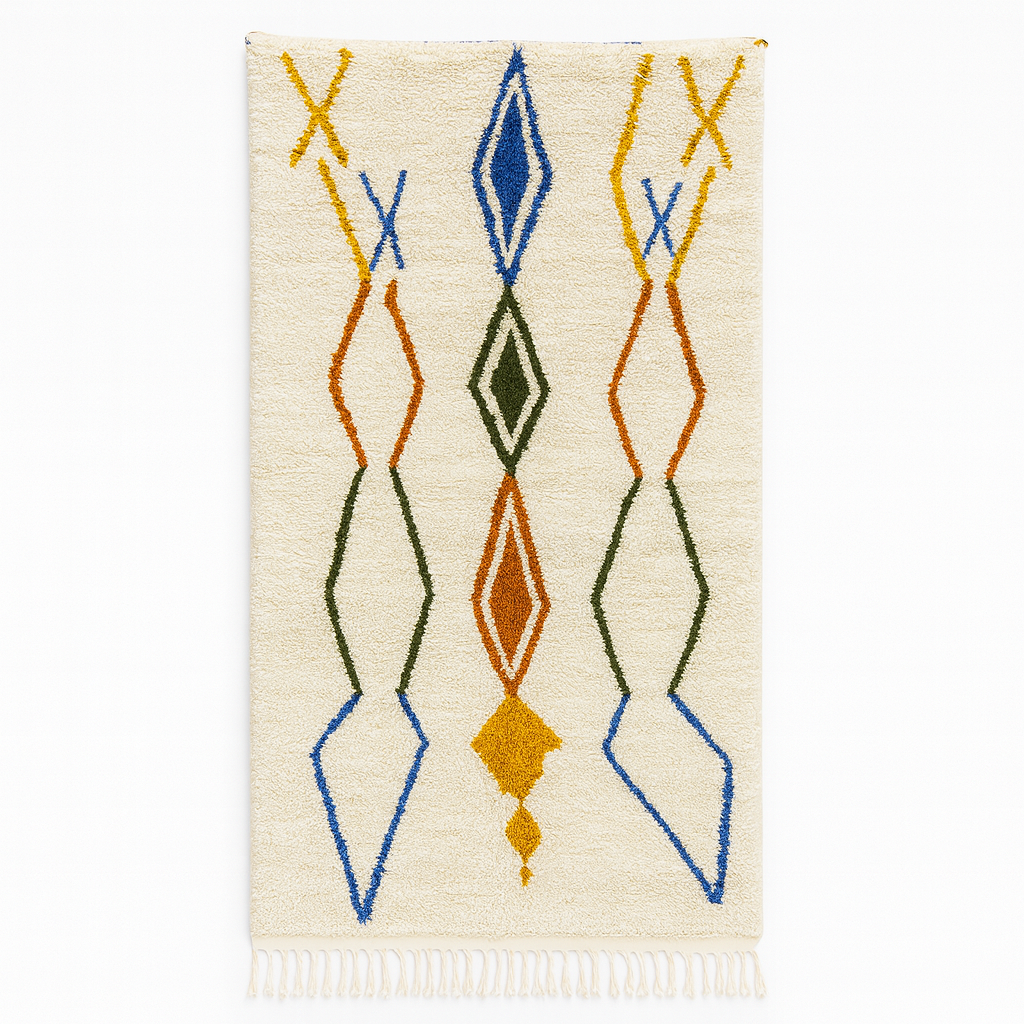 Handmade Moroccan wool runner rug with colorful geometric diamond patterns on a white background. 