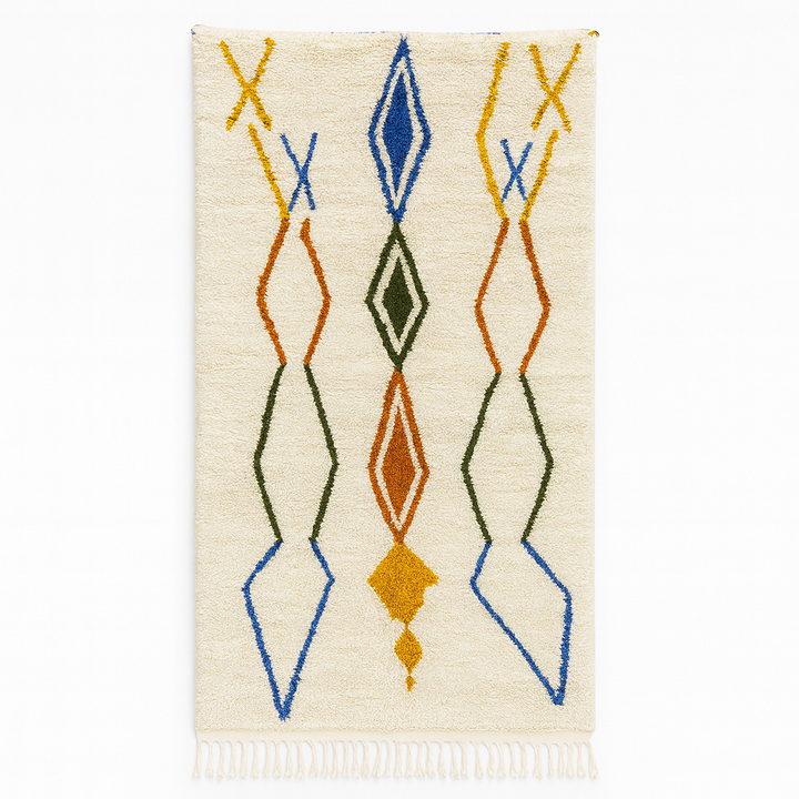 Handmade Moroccan wool runner rug with colorful geometric diamond patterns on a white background. 