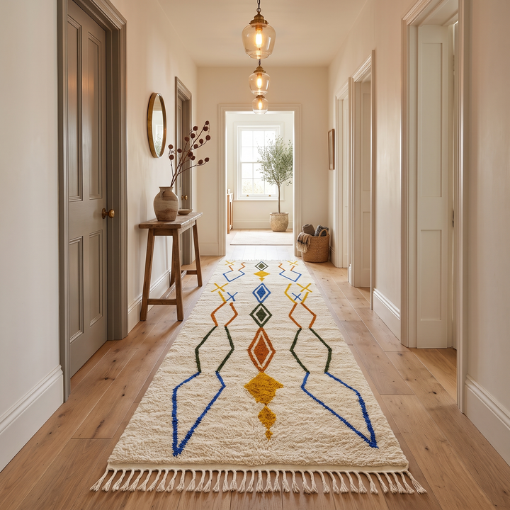 Handmade Moroccan wool runner rug with colorful geometric diamond patterns on a white background. 