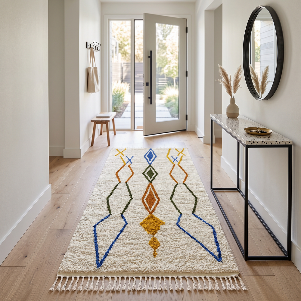 Handmade Moroccan wool runner rug with colorful geometric diamond patterns on a white background. 