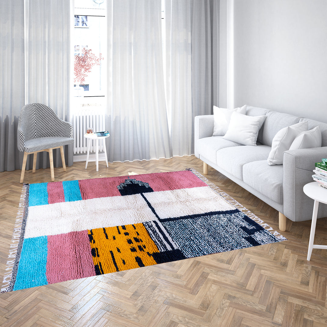 Colorful Moroccan Beni Ourain rug with diamond patterns, handmade from wool by Berber women