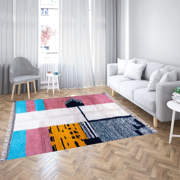 Colorful Moroccan Beni Ourain rug with diamond patterns, handmade from wool by Berber women