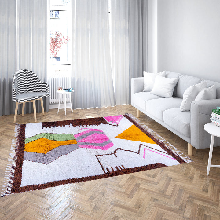 Colorful Moroccan Beni Ourain shag rug with diamond motifs, handmade from wool