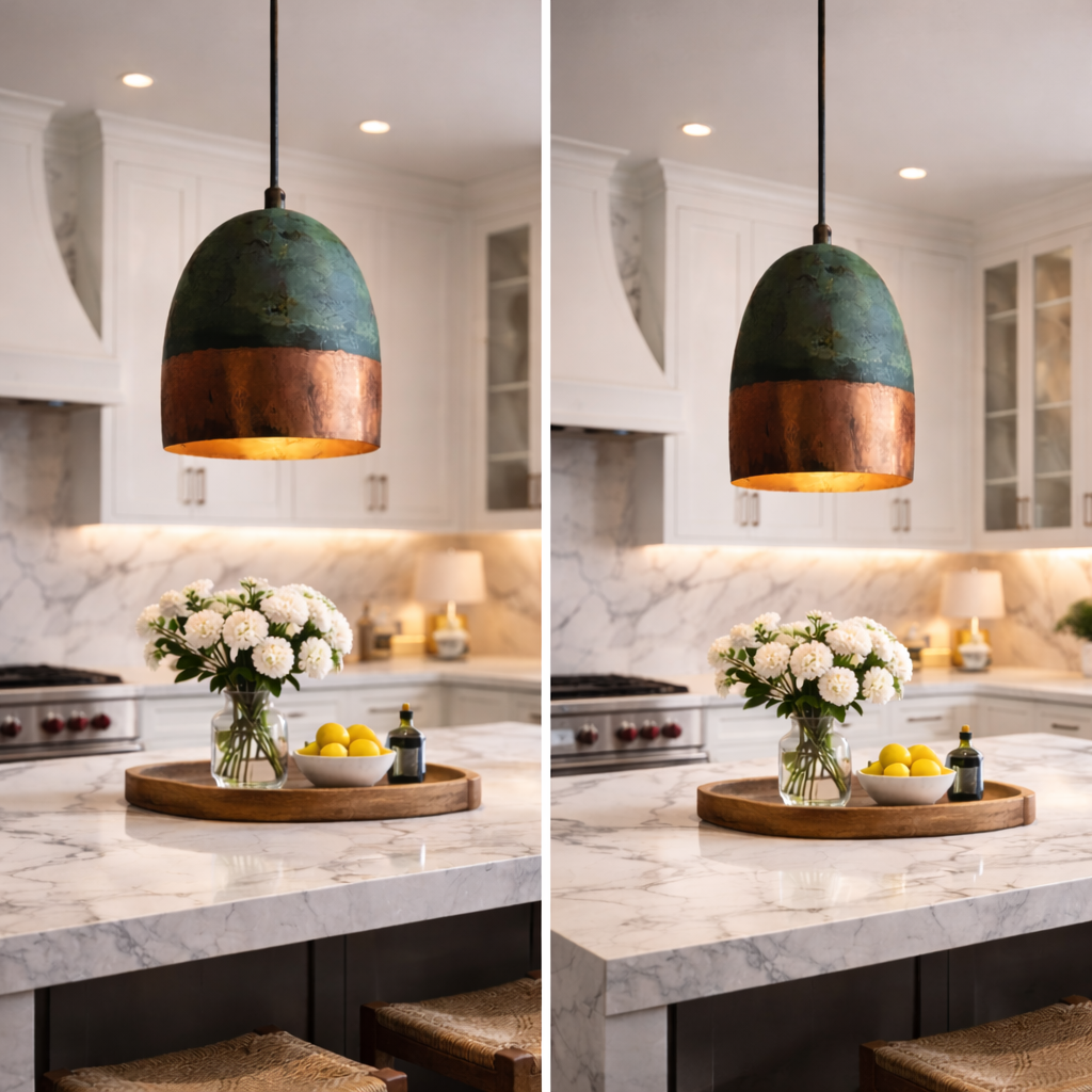 Moroccan Green Patina &amp; Copper Pendant Light – Handmade Kitchen Island Hanging Lamp