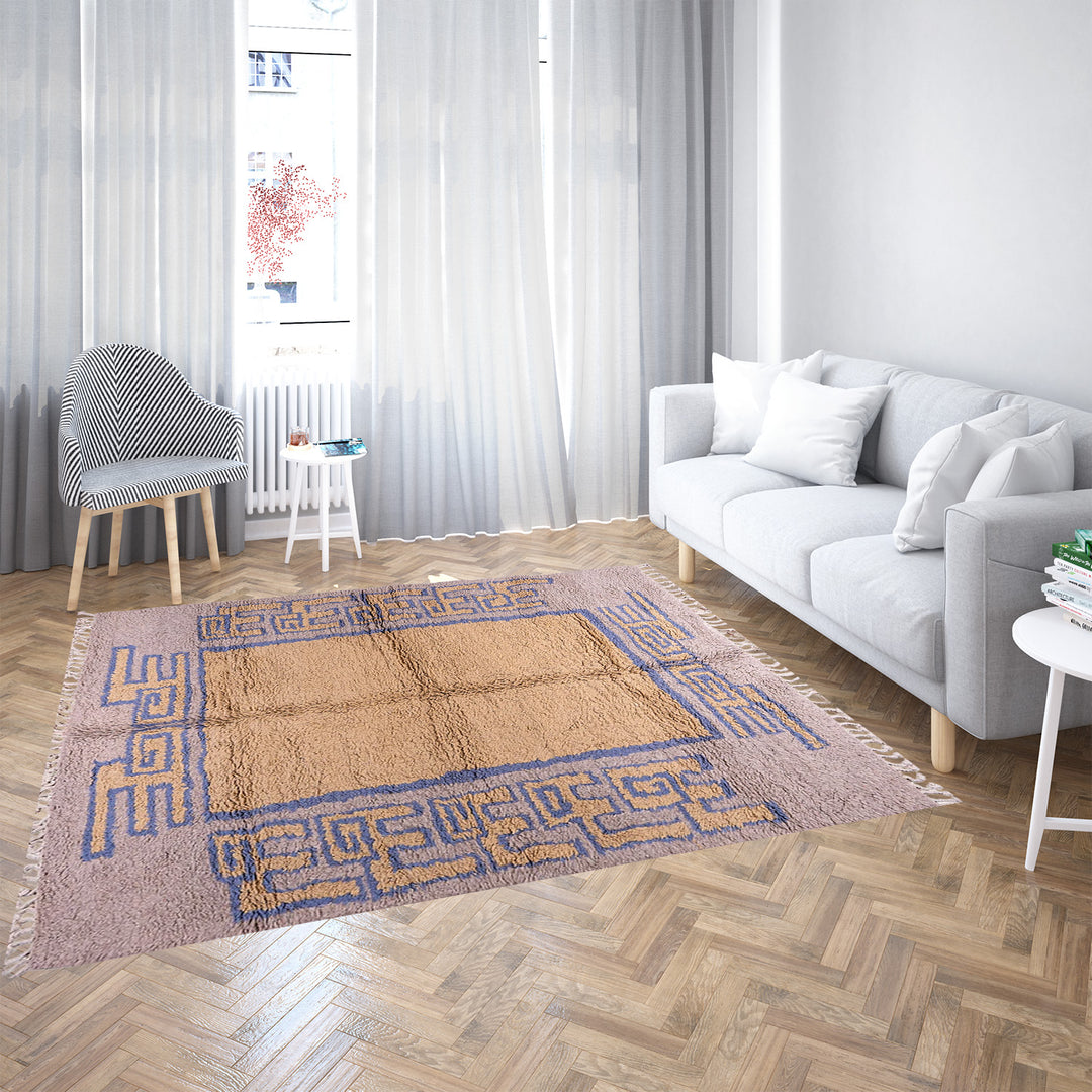 Modern handmade Moroccan wool rug in brown with Berber-style abstract border design