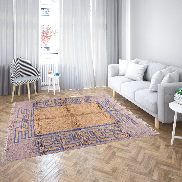 Modern handmade Moroccan wool rug in brown with Berber-style abstract border design