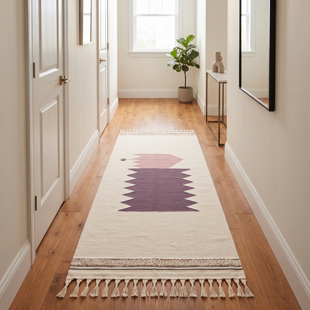 Handwoven Moroccan kilim runner rug with minimalist blush pink and plum geometric pattern on white flatweave wool background.