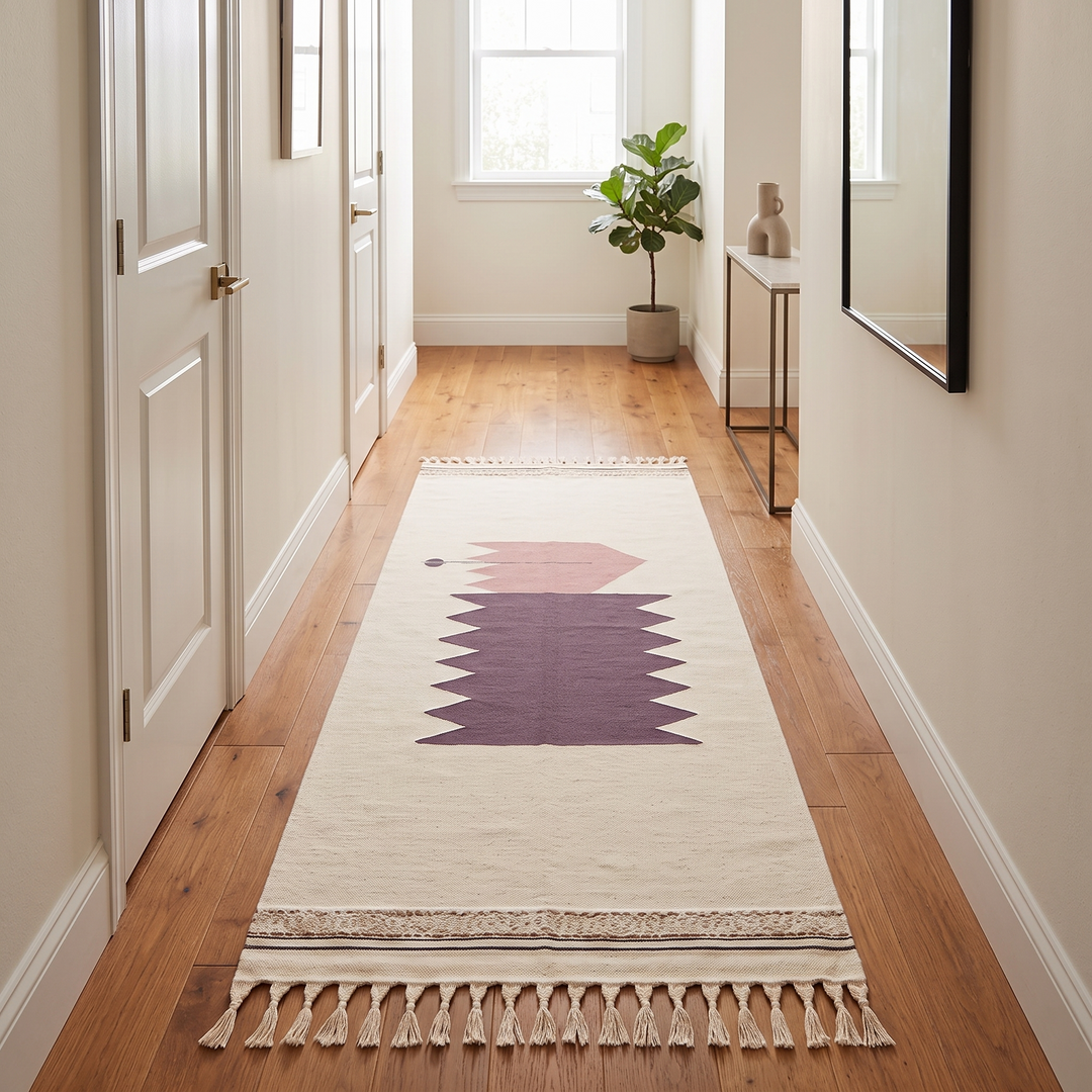 Handwoven Moroccan kilim runner rug with minimalist blush pink and plum geometric pattern on white flatweave wool background.