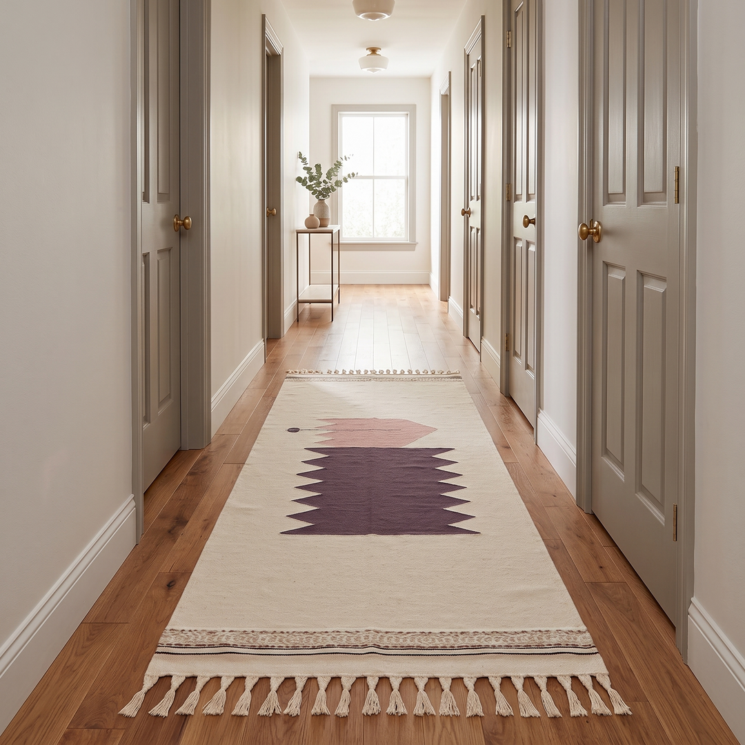 Handwoven Moroccan kilim runner rug with minimalist blush pink and plum geometric pattern on white flatweave wool background.