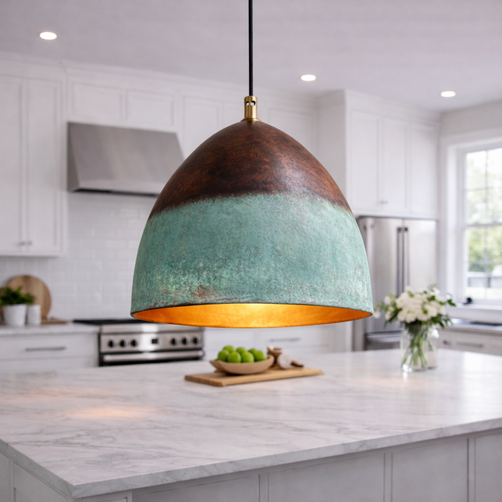 Moroccan Patina Pendant Light – Handmade Copper &amp; Turquoise Kitchen Island Hanging Lamp