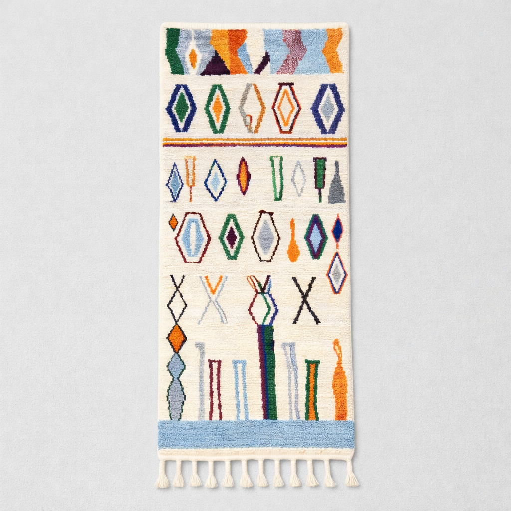 Colorful Moroccan runner rug with Berber diamond and tribal motifs